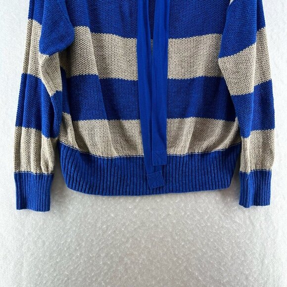 Free People Sweater Size L Cassidy Off The Shoulder Striped Tie Neck Tunic Blue - Picture 4 of 11